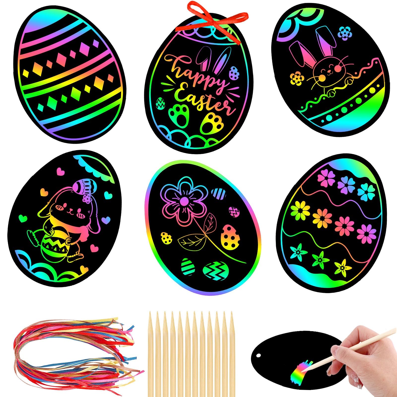 JULMELON 36 PCS Easter Egg Scratch Art for Kids, Rainbow Magic Scratch Paper Easter Crafts for Kids Gifts School Classroom Activities Project Party Favors Basket Fillers
