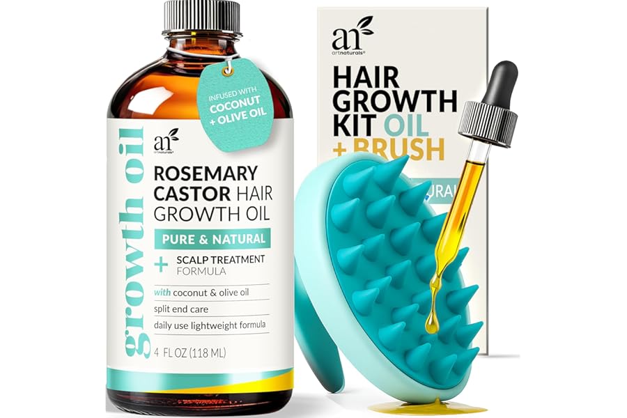 Artnaturals Organic Rosemary Castor Hair Oil + Massager Hair Growth Set Hair Growth Oil 4 ounces with Coconut & Olive Oil for Dry, Damaged & Split End