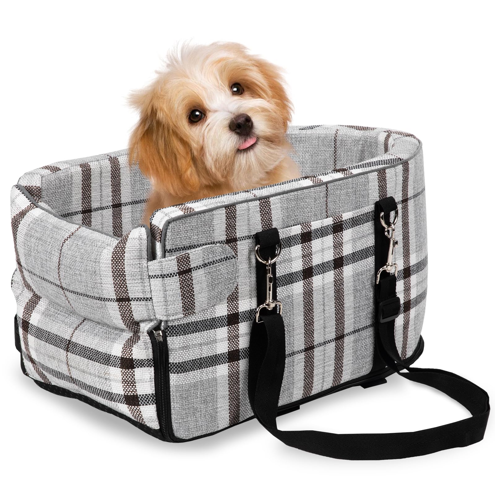 Photo 1 of Prpeko Dog Center Console Seat for Small Dogs & Puppies - Anti-Collapse Pet Car Seat With Soft Cushion, Safety Belt - Portable Armrest for Dogs & Cats Under 15 lbs (Grid-Grey)