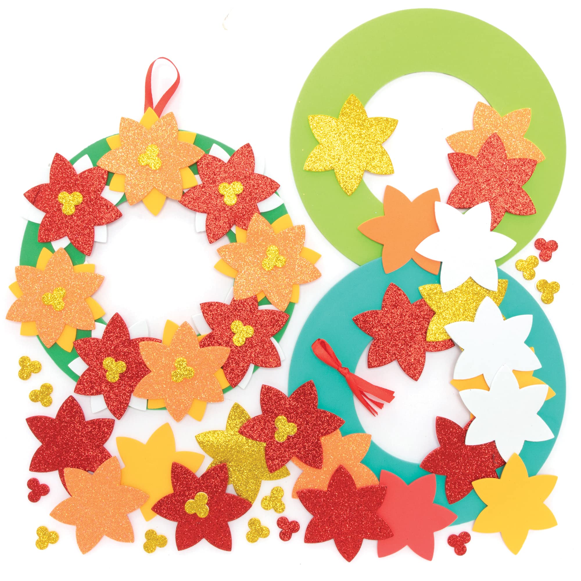 Baker Ross FE918 Poinsettia Wreath Kits - Pack of 3, Wreath Ring to Decorate and Display, Make Your Own Decorations, Ideal Kids Arts and Crafts Project