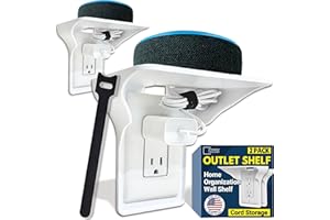 BERATEK INDUSTRIES Power Perch Outlet Shelf with Cord Storage Strap – Bathroom Shelf for Electric Toothbrush and Toiletries – Small Wall Shelves for Homepod Mini, Echo Dot Stand – Easy Install, White, 2-Pack