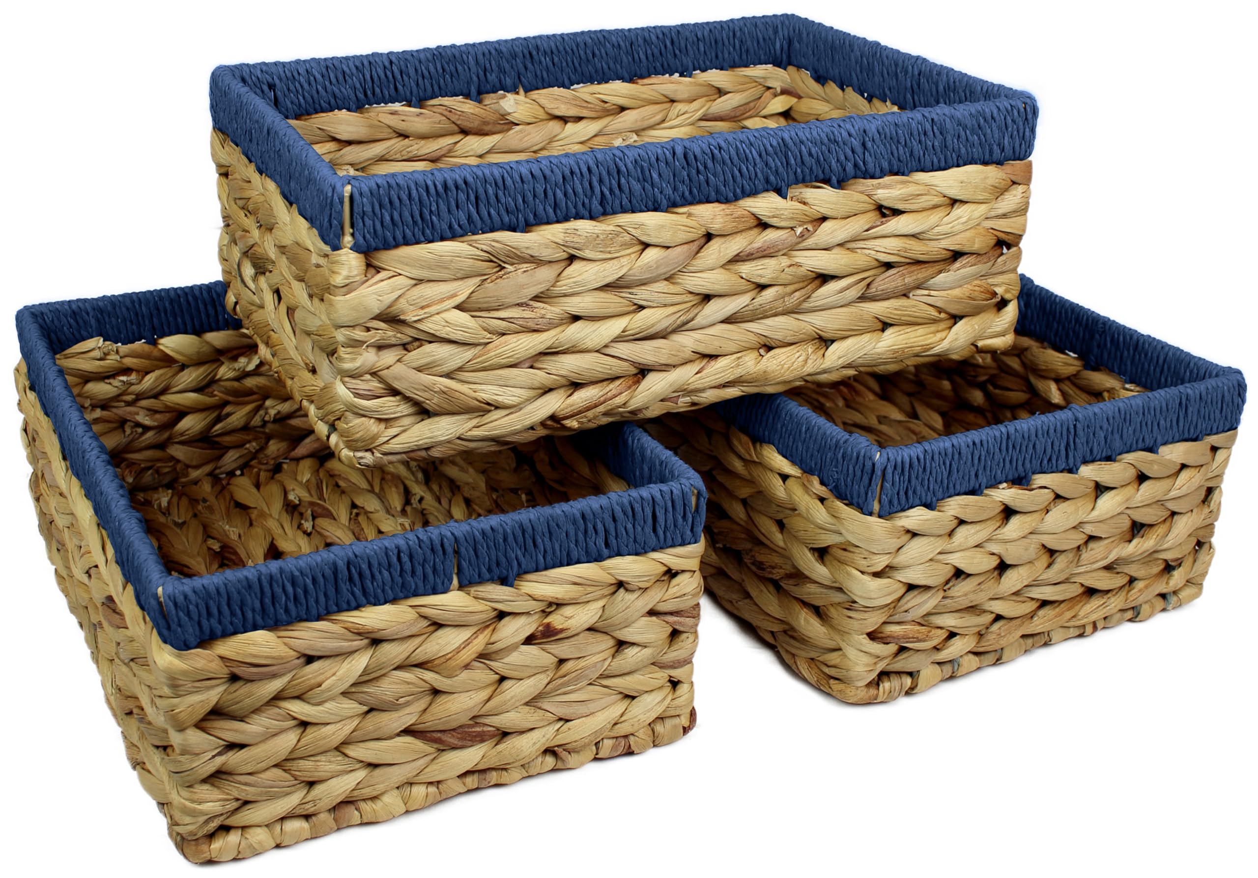 Rectangular Water Hyacinth Small baskets for storage Natural and Blue wicker basket shelves open Decorative gift box Small bathroom mini tray makeup bathroom Kitchen organiser (3, Large 32cm)