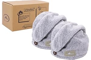 myHomeBody Hair Towel Wrap, Luxury Quick Drying Turban, Ultra Soft Absorbent Charcoal Fiber Cap, with Coconut Shell Button – 2 Pack