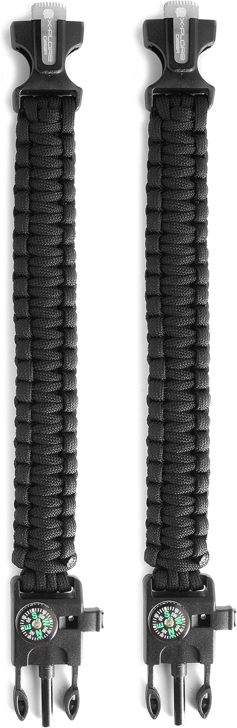 X-Plore Gear Emergency Paracord Bracelets | Set of 2| The Ultimate Tactical Survival Gear| Flint Fire Starter, Whistle, Compass & Scraper/Knife| Best Wilderness Survival-Kit - Black(R)/Black(R) : Sports & Outdoors