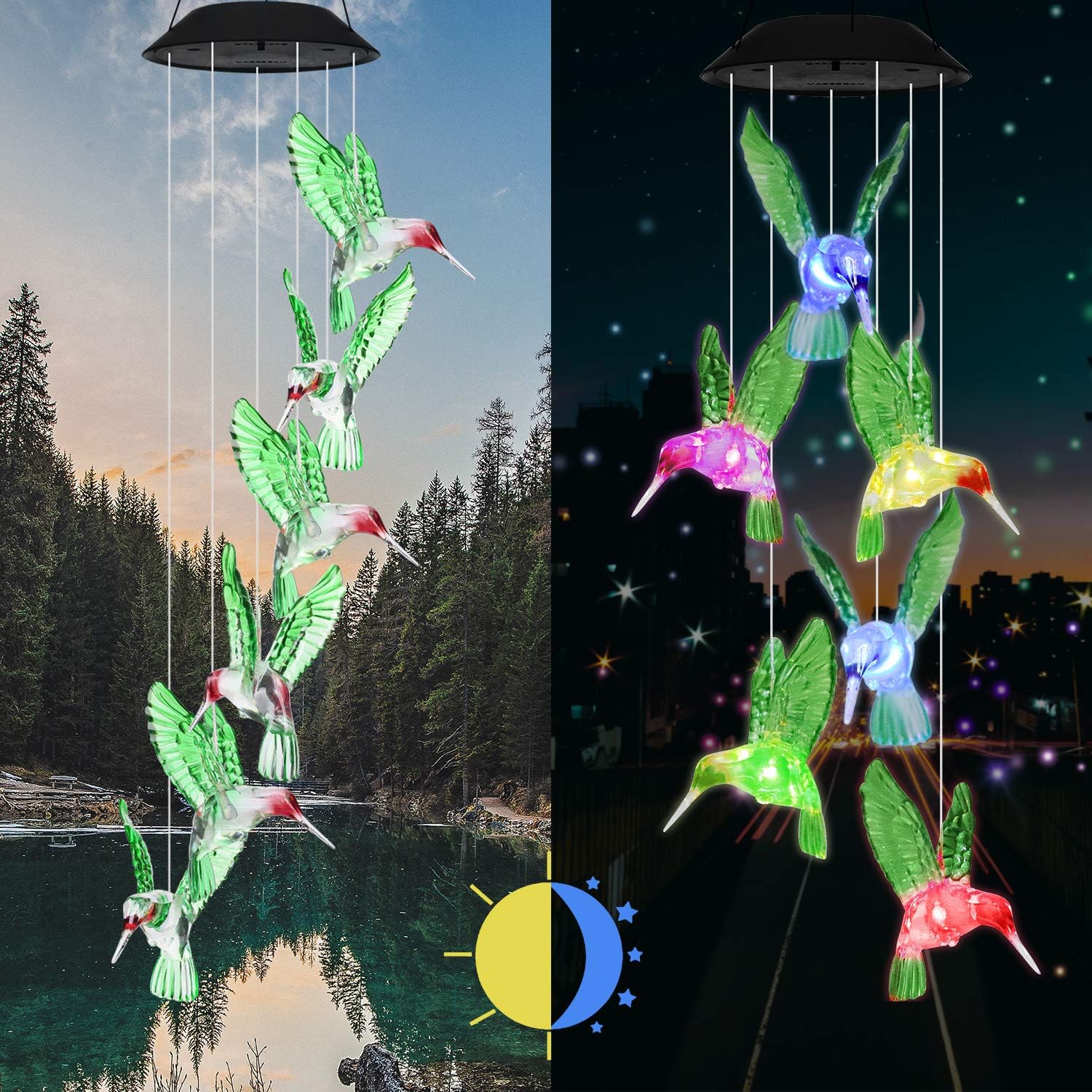 eQFeast Solar Hummingbird Wind Chimes, Gifts for Mom, Color-Changing LED Solar Mobile Wind Chime, Waterproof Six Hummingbird Wind Chimes for Home Party Night Garden Decoration, Valentines Gift : Garden & Outdoor