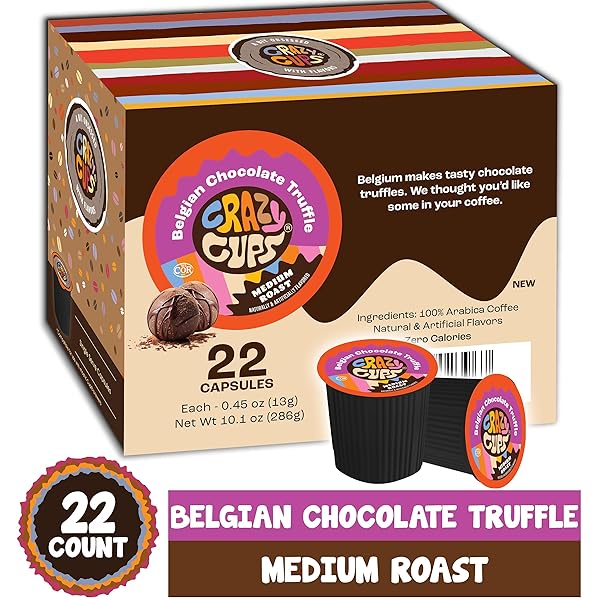 CRAZY CUPS FLAVORED COFFEE FOR KEURIG K-CUP MACHINES, BELGIAN CHOCOLATE TRUFFLE, HOT OR ICED COFFEE, 22 SINGLE SERVE, RECYCLABLE PODS(PACK OF 1)