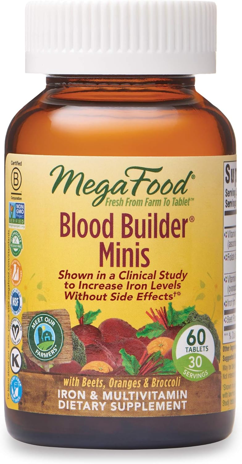 MegaFood, Blood Builder Minis, Daily Iron Supplement and Multivitamin, Supports Energy and Red Blood Cell Production Without Nausea or Constipation, Gluten-Free, Vegan, 60 Tablets (30 Servings): Health & Personal Care