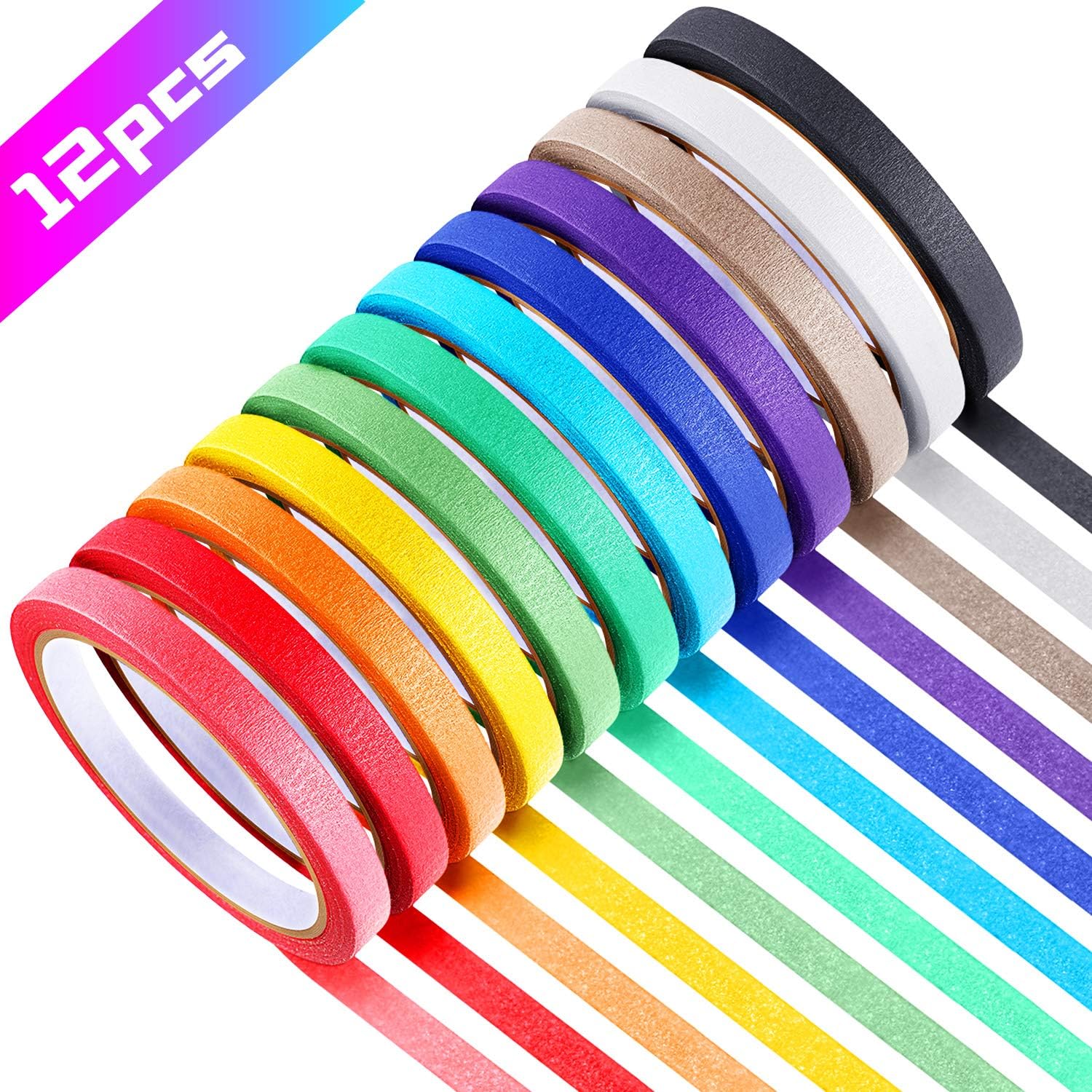 12 Rolls 0.4 Inch Colored Masking Tapes Colorful Crafts Labeling Painters Tapes with 12 Colors, 288 Yards in Total for Crafts, Arts, School Projects, Party, Home Decoration and Office Supplies