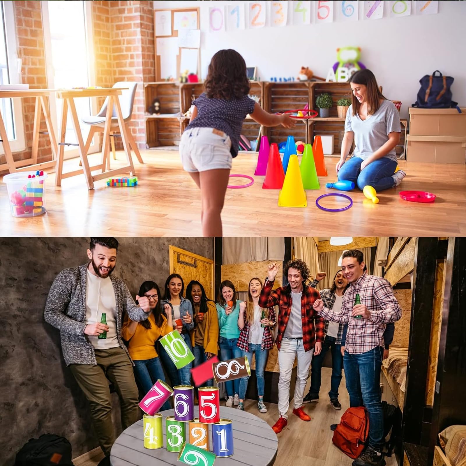 Waenerec 36PCS Carnival Games Combo Set 4 in 1 Bean Bag Toss Can Games Soft Plastic Cone Backyard Ring Toss Game for Indoor Outdoor School Field Day Birthday Party Yard Game for Kids Adults