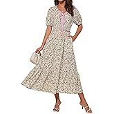 GRACE KARIN 2025 Women's Summer Floral Flowy A Line Midi Dresses Elegant Short Sleeve Smocked V-Neck Tiered Dresses