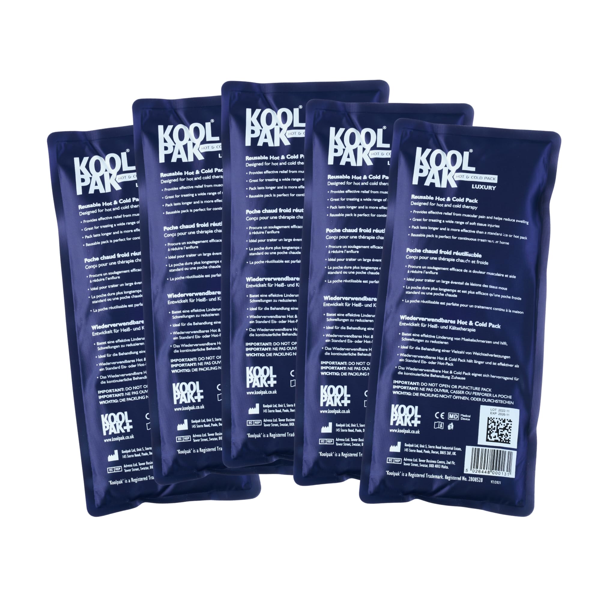Koolpak Hot and Cold Gel Packs Reusable - 12cm x 29cm Microwaveable Heat Pack for Pain Relief - Long-Lasting Therapy with Soft Nylon Cover - Flexible Design for Stomach, Back, Neck & Legs (Pack of 5)