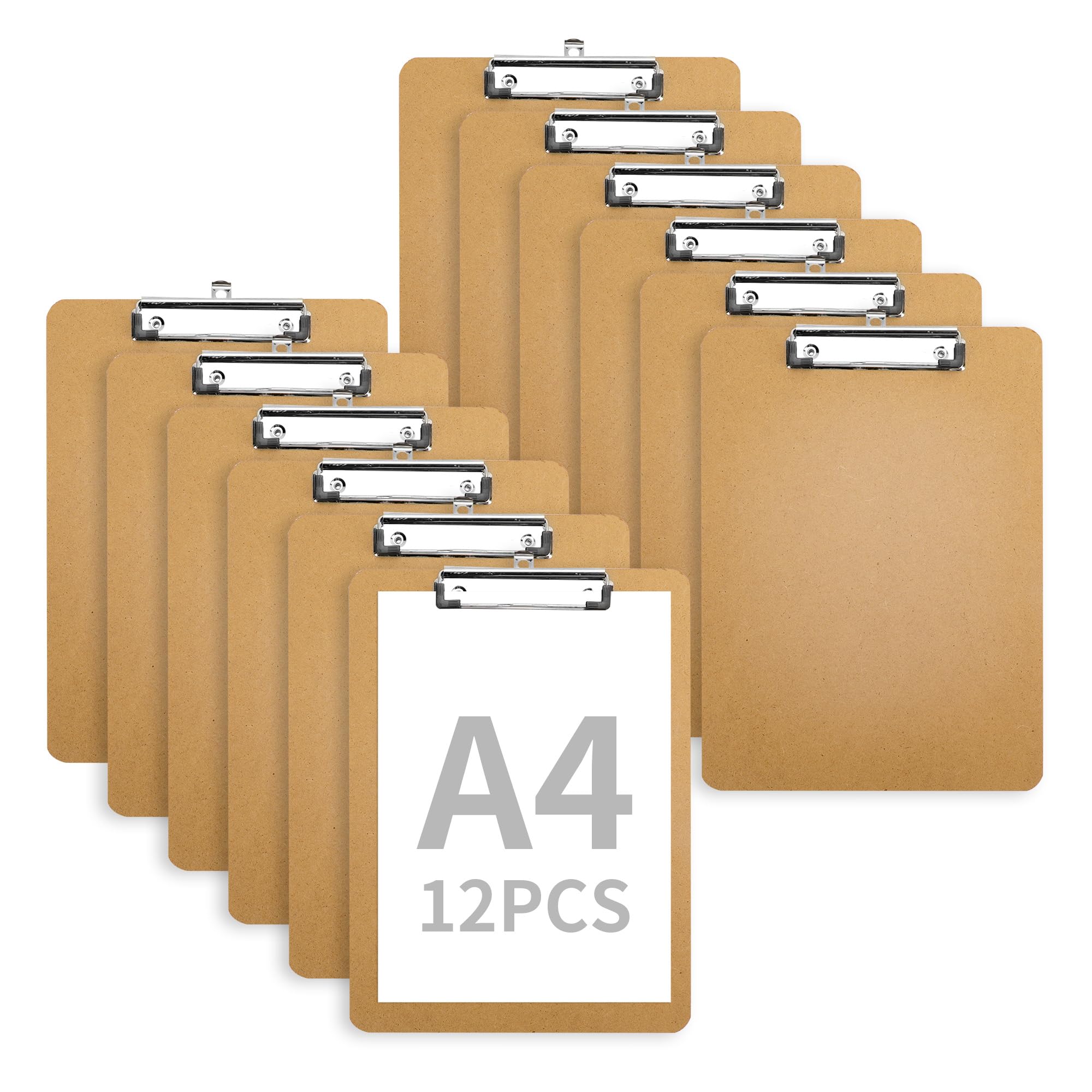 YKUKIZEE 12 Pack A4 Wooden Clipboard, Hardboard Wooden Clip Board A4, Brown Wood Clipboard with Hanging Hole and Low Profile Metal Clip for Menu Office Restaurant School