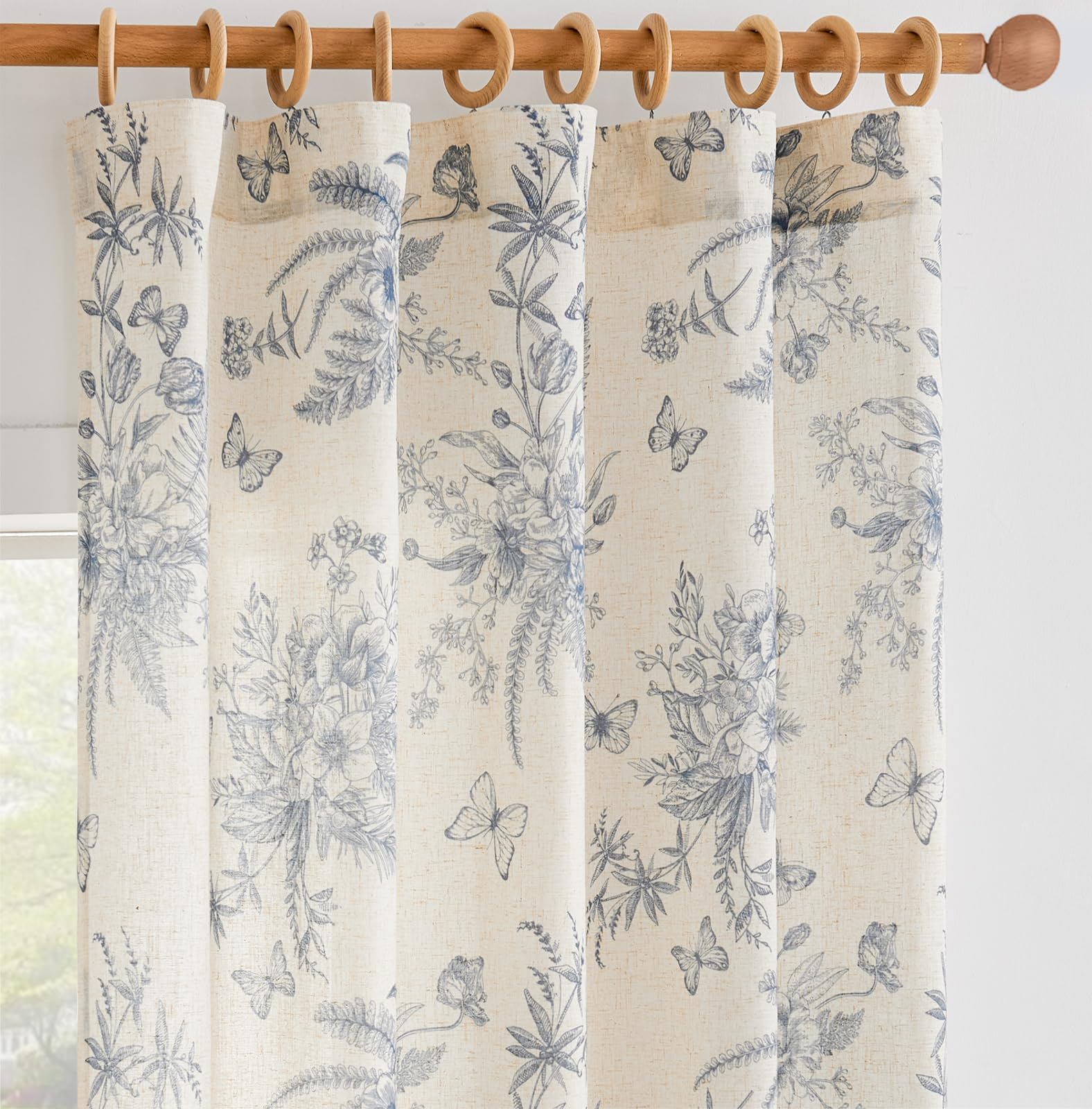 jinchan Linen Floral Curtains for Living Room 63 Inch Length Blue Farmhouse Curtains Rod Pocket Back Tab French Country Vintage Curtain, 2 Panels Flower Printed Curtain Image