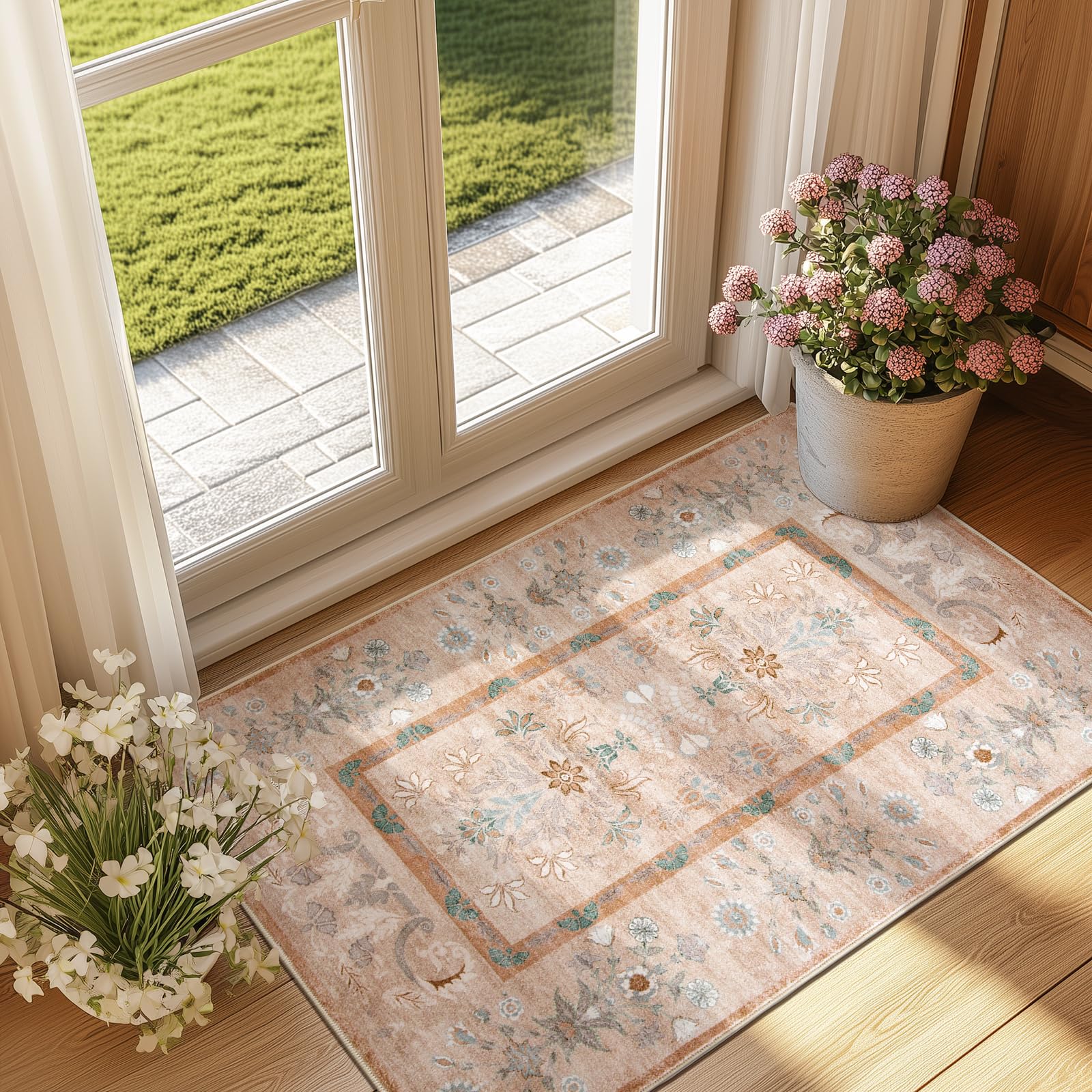 Photo 1 of jinchan Area Rug 2x3 Washable Rug, Vintage Floral Entryway Carpet Indoor Door Rug with Non Slip, Small Mat Low-Pile Carpet for Bathroom Doormat Living Room Bedroom Office Farmhouse (Dusty Pink)