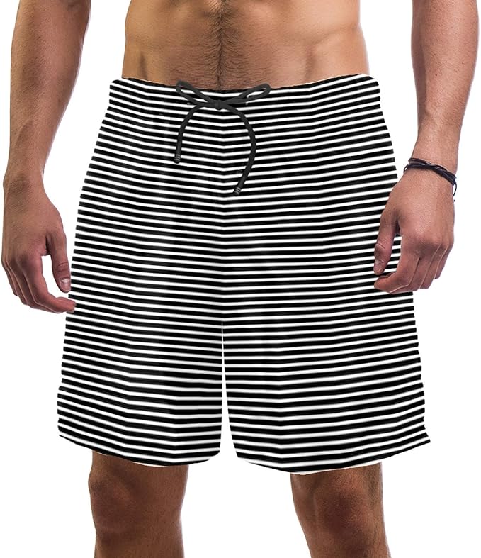 nakw88 Black White Stripe Swim Shorts for Men Swim Trunks Men’s Bathing