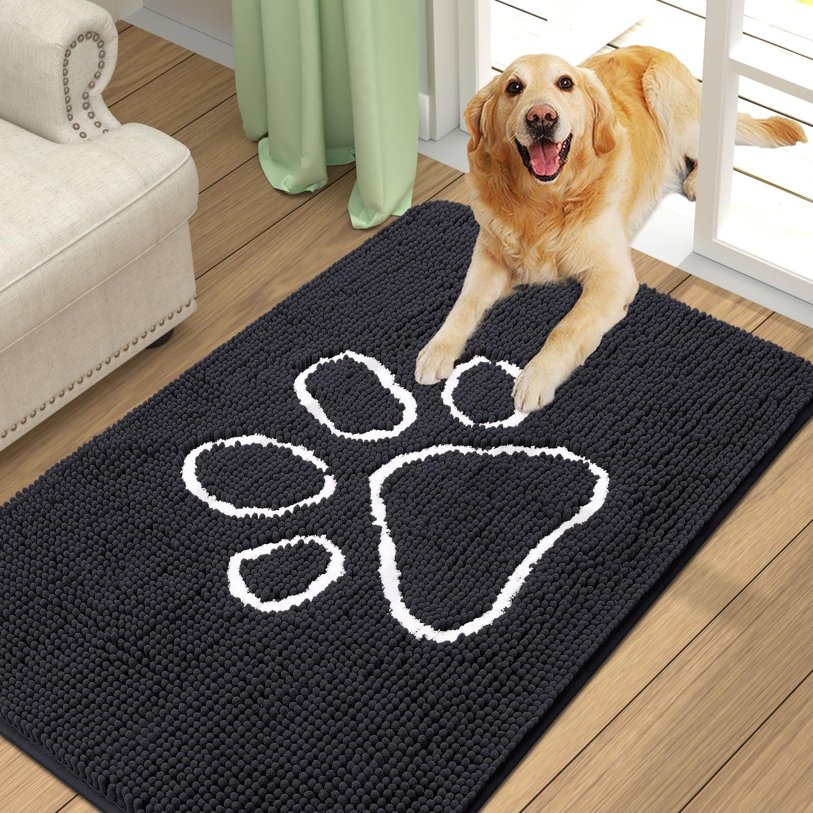 Homaxy Dog Door Mats Indoor, Super Absorbent Non Slip Doormats, Soft Chenille Floor Mat, Machine Washable Entrance Rug for Dogs Muddy Paws, Muddy Wet Shoes, Bathroom, Kitchen - 60 x 90 cm, Black