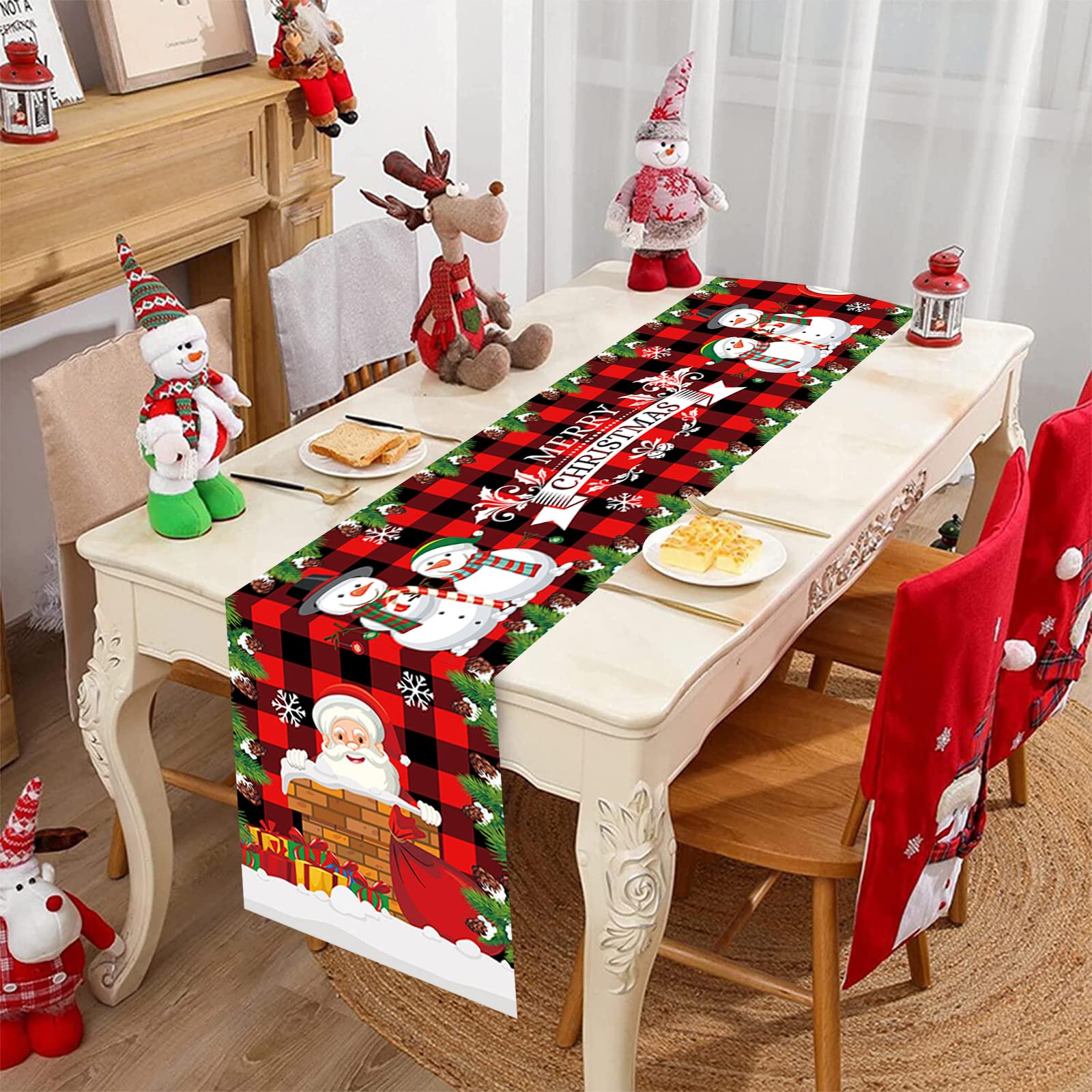 Christmas Table Runner Red Xmas Table Cloth Runner Merry Christmas Table Runner with Santa Claus Snowman Tree Reusable Dinner Table Decoration for Xmas New Year Holiday Party Decor Home 71*14 Inch