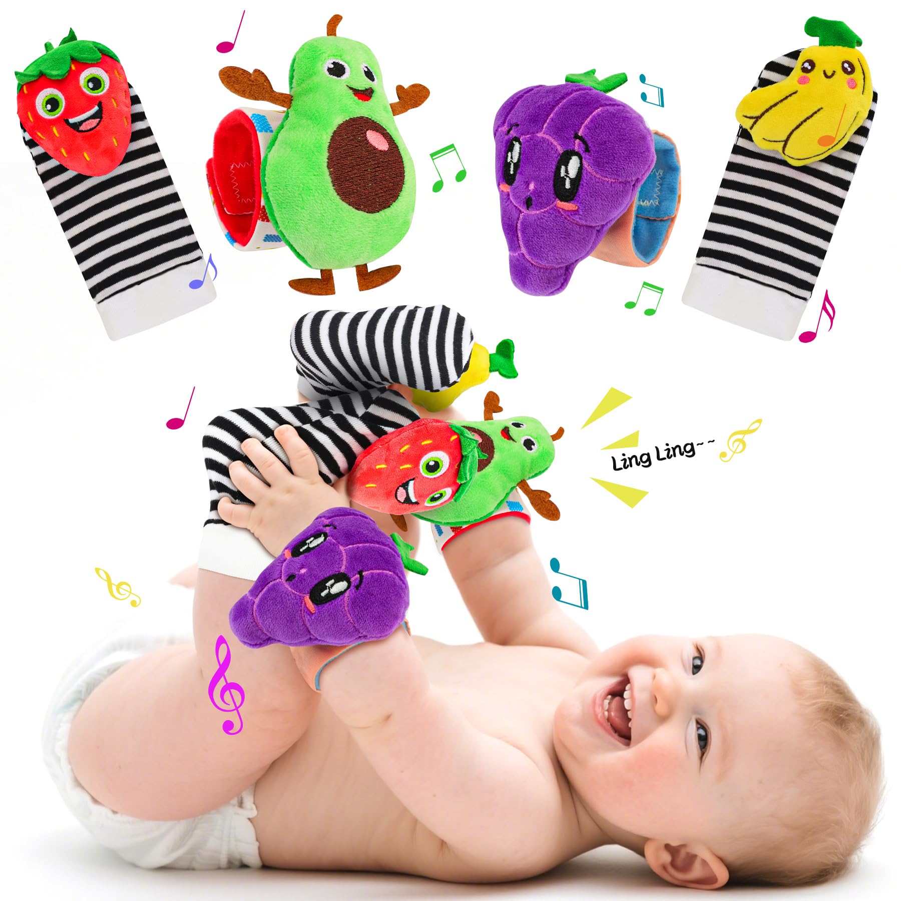 Foot Finders & Wrist Rattles for Infants - Baby Toys 0-6 Months Motor Skills Developmental Toys Fruit Theme Newborn Soft Wrist Rattle Socks, Baby Shower Gifts for Boys Girls (Fruit STYL-B)