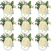 Jexine 12 Pcs Rose Wrist Corsage Bracelets Wedding Bridal Wrist Artificial Flower Wristband Flower Hand Decor for Bride Bridesmaid Homecoming Prom Party Decor(White Elegant)