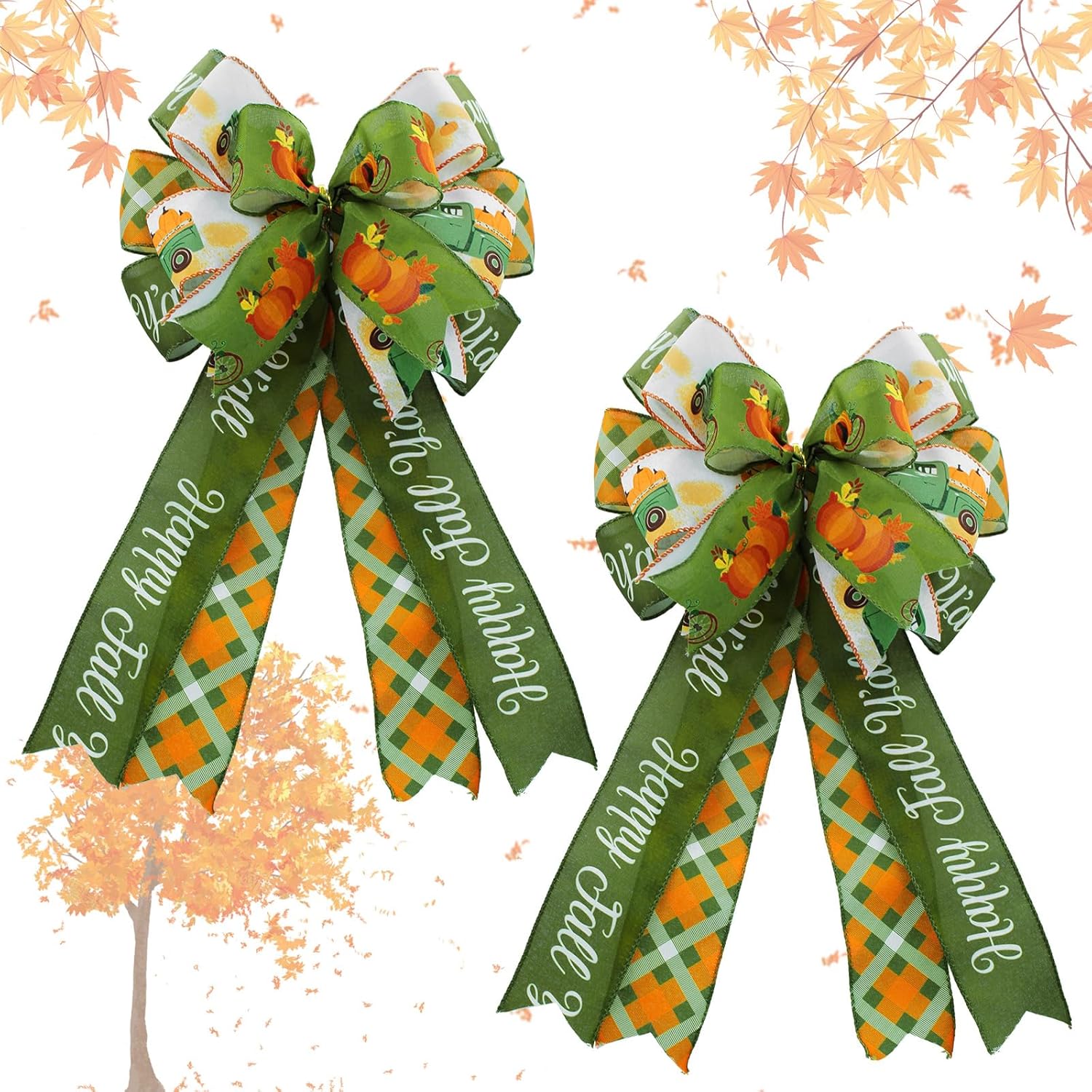 Bows & Ribbons - Large Fall Wreath Bows 2 Pack - 19x11 inch Pre-Tied Buffalo Plaid Wreath Bow, Thanksgiving Pumpkin Wired Edge Wreath Bow for Front Door Autumn Decor, Christmas, Holiday Indoor Outdoor Ornaments