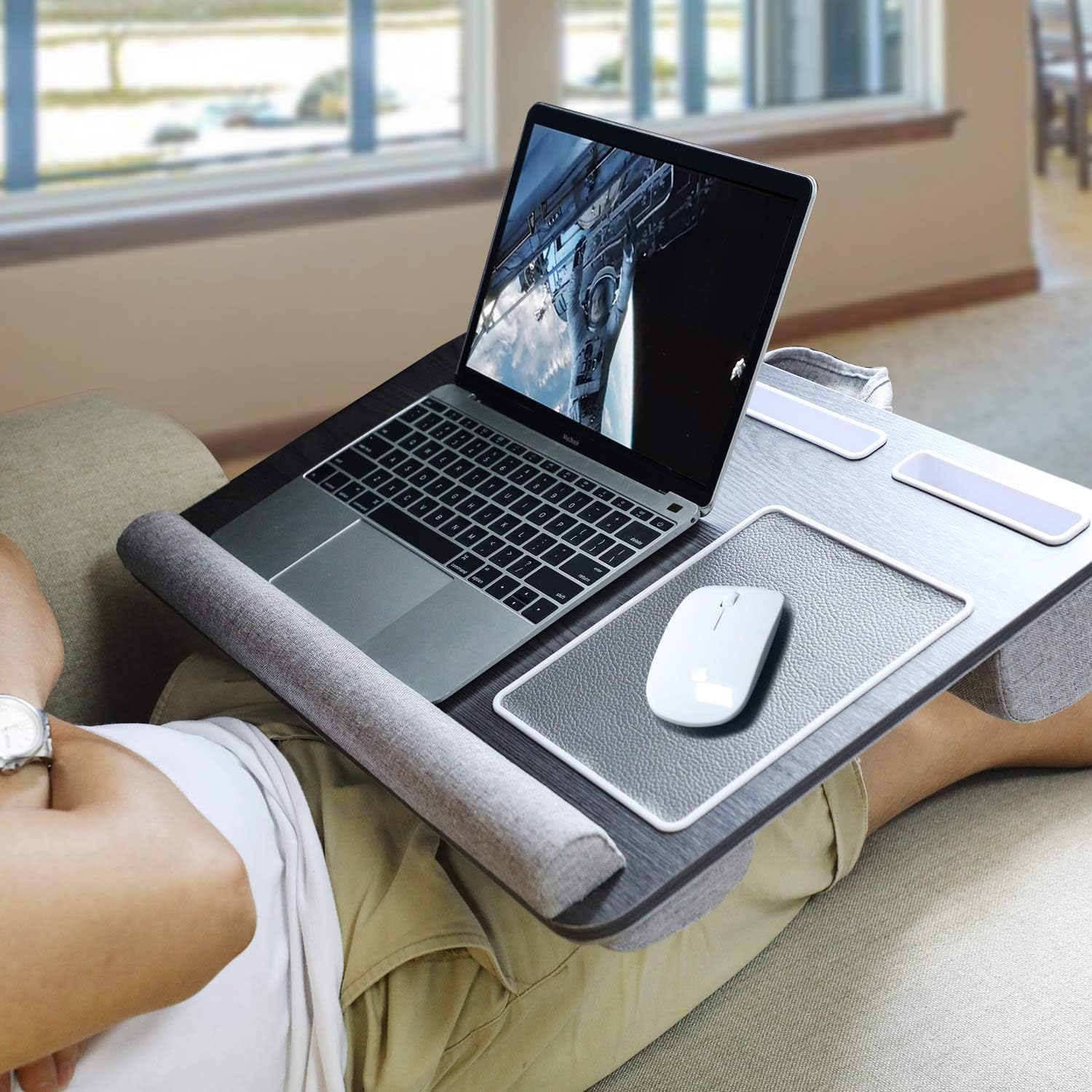 HUANUO Lap Desk - Fits up to 17 inches Laptop Desk, Built in Wrist Pad for Notebook, MacBook, Tablet, Lap Laptop Desk with Tablet, Pen & Phone Holder (Black Woodgrain, Big)