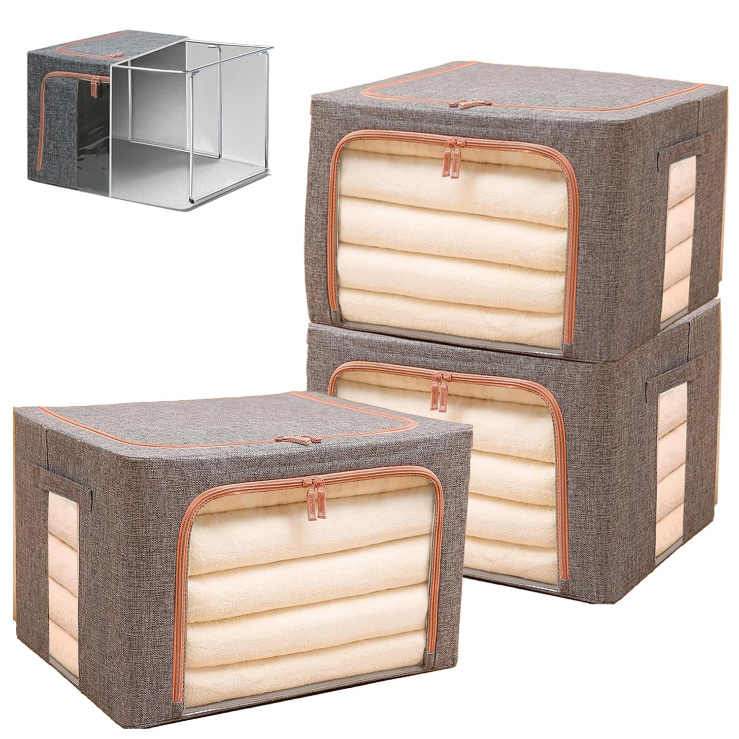 66L Clothes Storage Boxes,Stackable Cube Wardrobe Storage Organiser,Collapsible Storage With Metal Frame,Storage Bags With Zips Clear Window & Carry Handles For Blankets,Bedding,Comforters(Grey-3PCS)