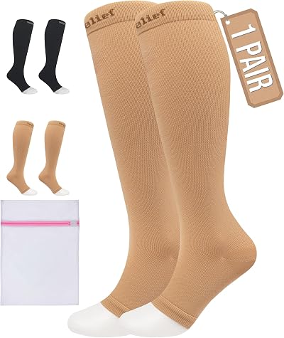 360 RELIEF Open Toe Compression Socks 15-20 mmHg Beige Pair for Men Women