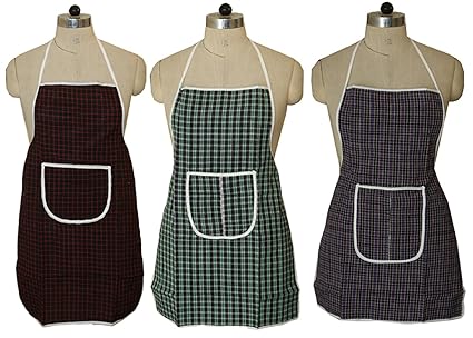 Kuber Industries Checkered PVC 3 Piece Kitchen Apron with Front Pocket Set - Multicolour