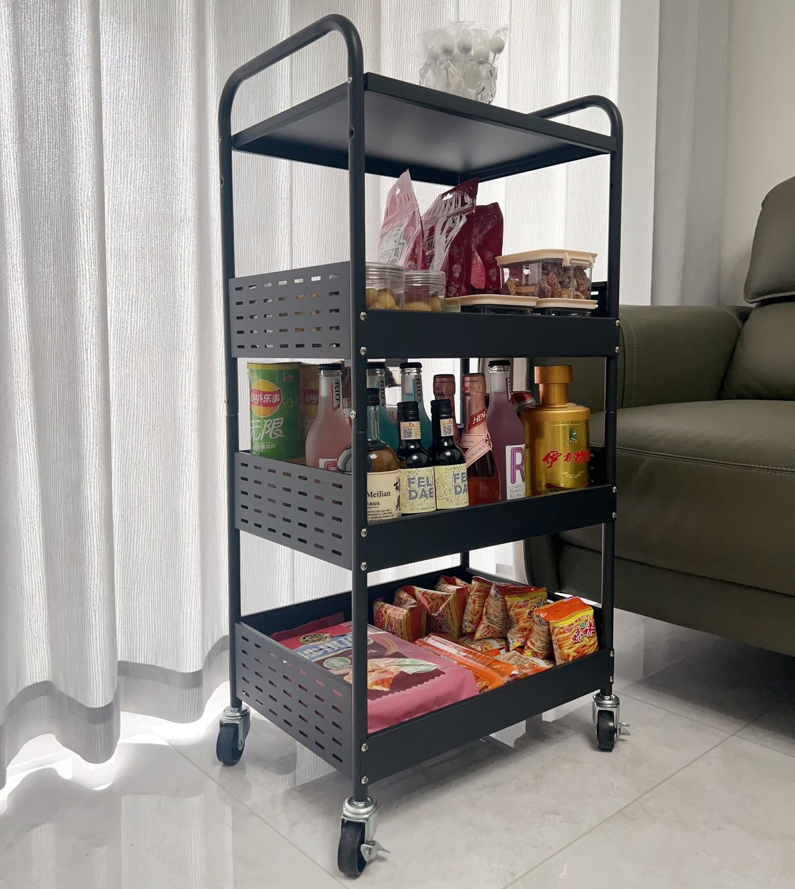 Photo 1 of Urhomey plus Stable 4 Tier Rolling Metal Storage Organizer, Heavy Duty Kitchen Rolling Cart, Metal Top Vegetable Storage Cart with Wheels for Kitchen Pantry Utility Use (Black)