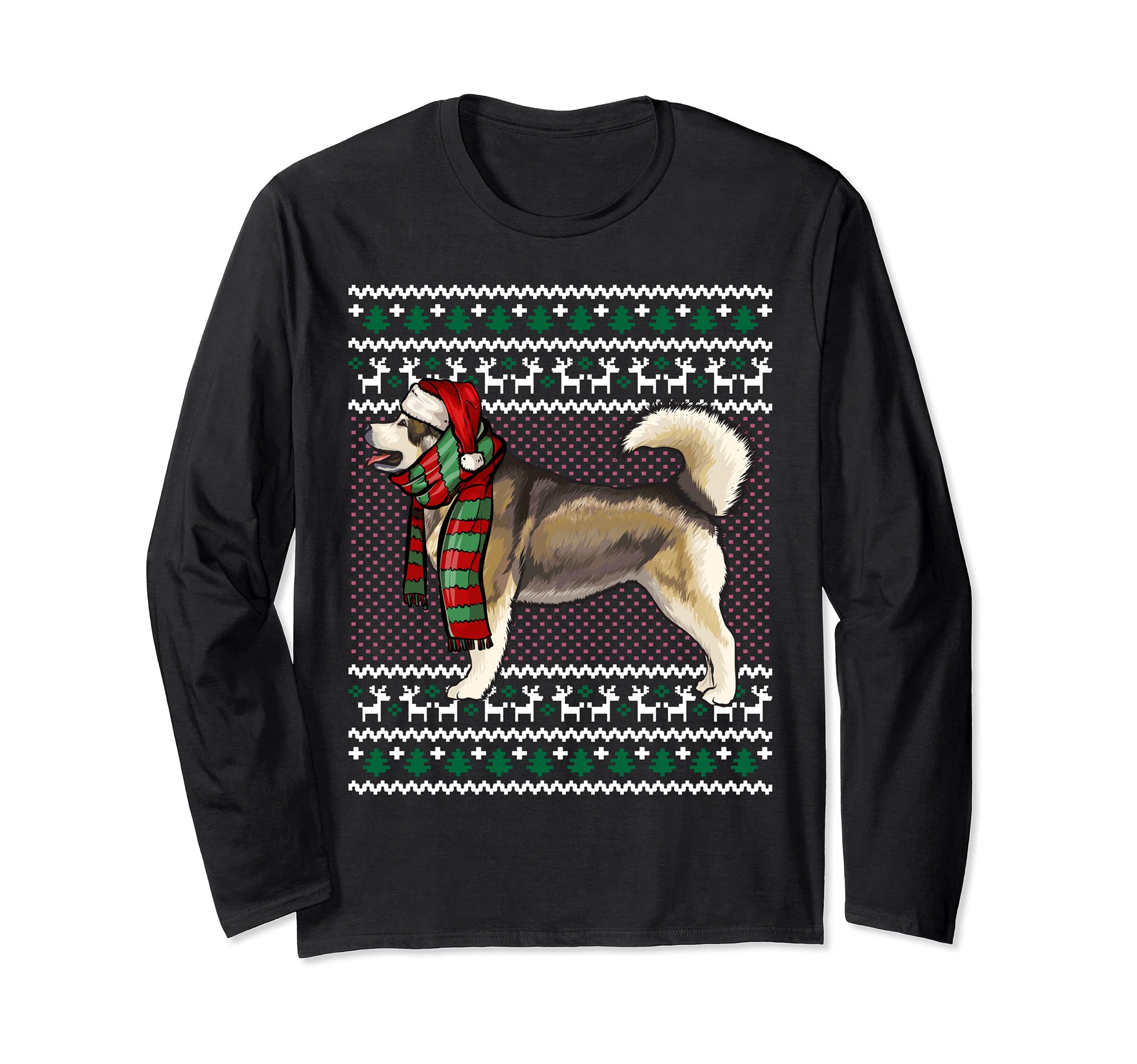 Xmas Alaskan Malamute Dog Santa Hat Ugly Christmas Long Sleeve T-Shirt
