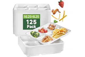 WELLIFE 125 Pack Kids Small 5-Compartment Paper Plates, 10.25x8.25 Inch 100% Compostable Divided Plates, Disposable School Lunch Trays, Eco-Friendly Bagasse Plate for Boys Girls and Youth (BPA Free)