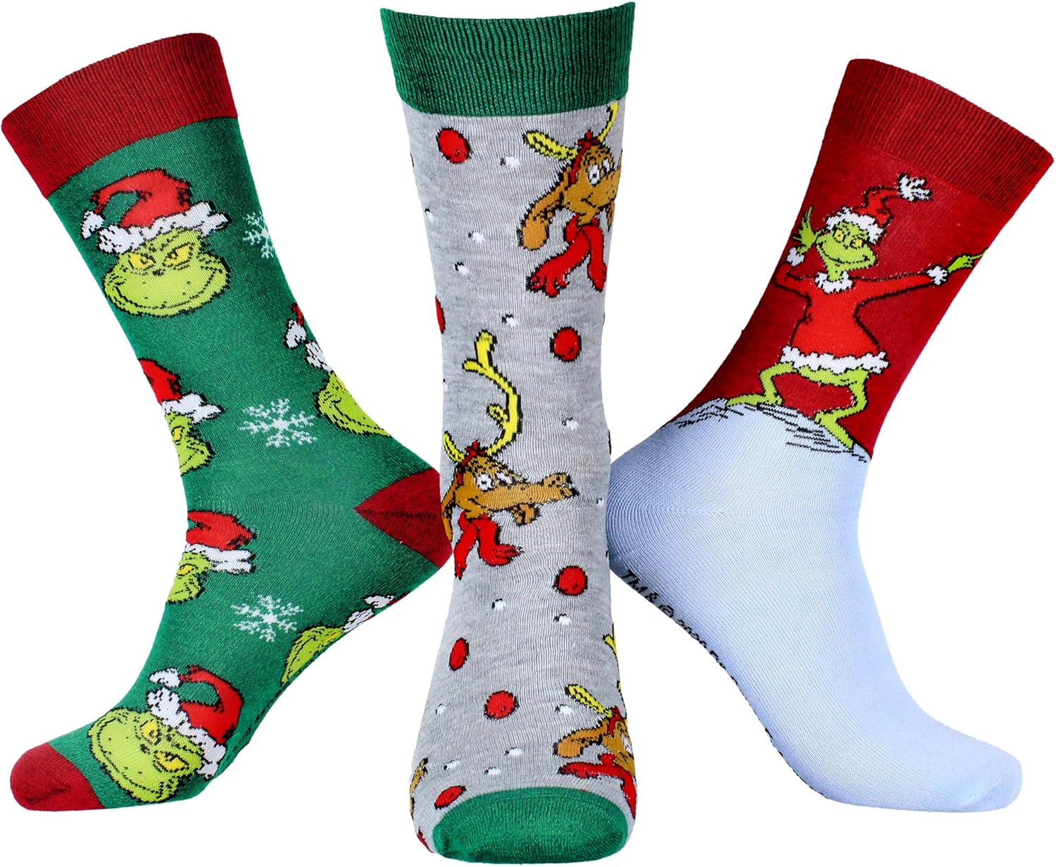 Dr Seuss The Grinch Character Design Adult Holiday 3 Pair Crew Socks