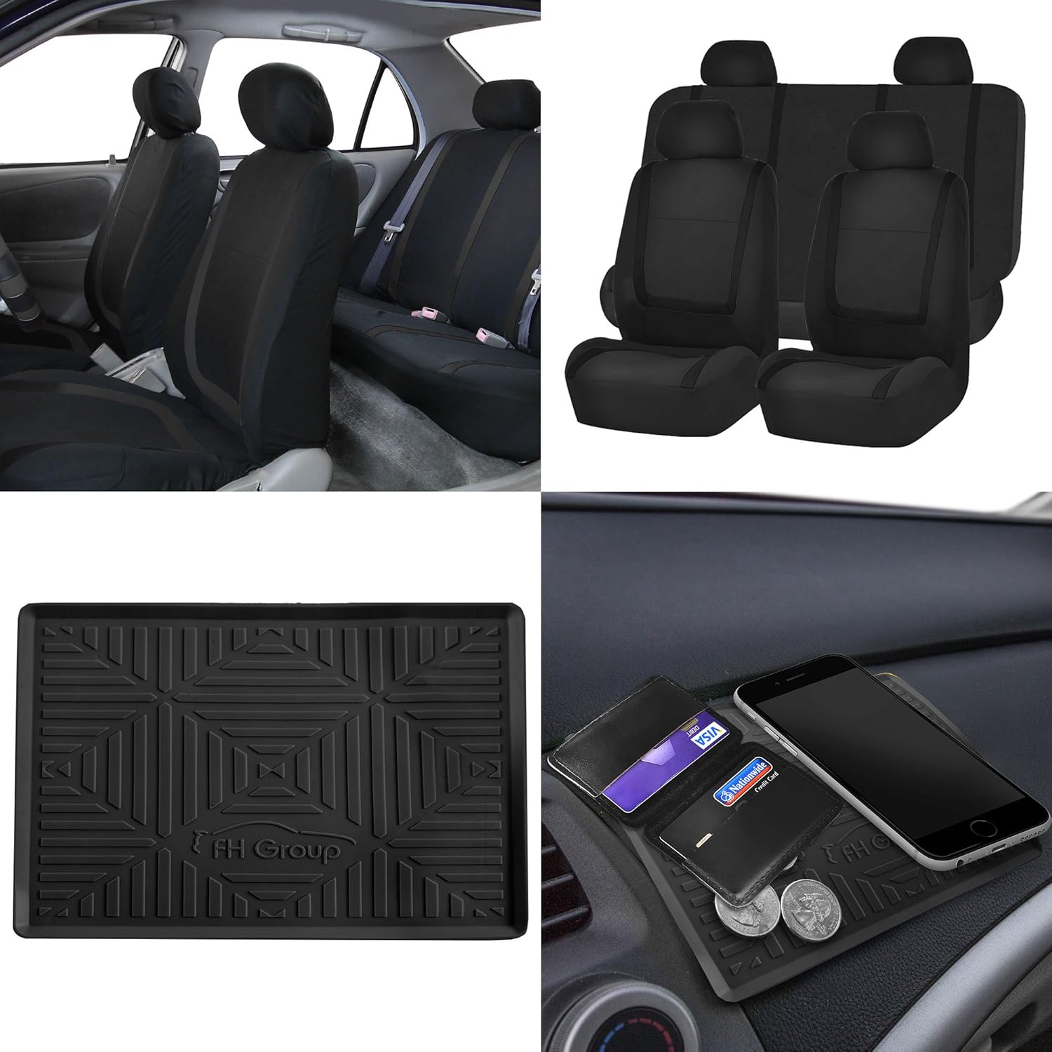 FH Group FB032114 Unique Flat Cloth Full Set Car Seat Covers w. Silicone Anti-Slip Dash Mat, Solid Black Color- Fit Most Car, Truck, SUV, or Van
