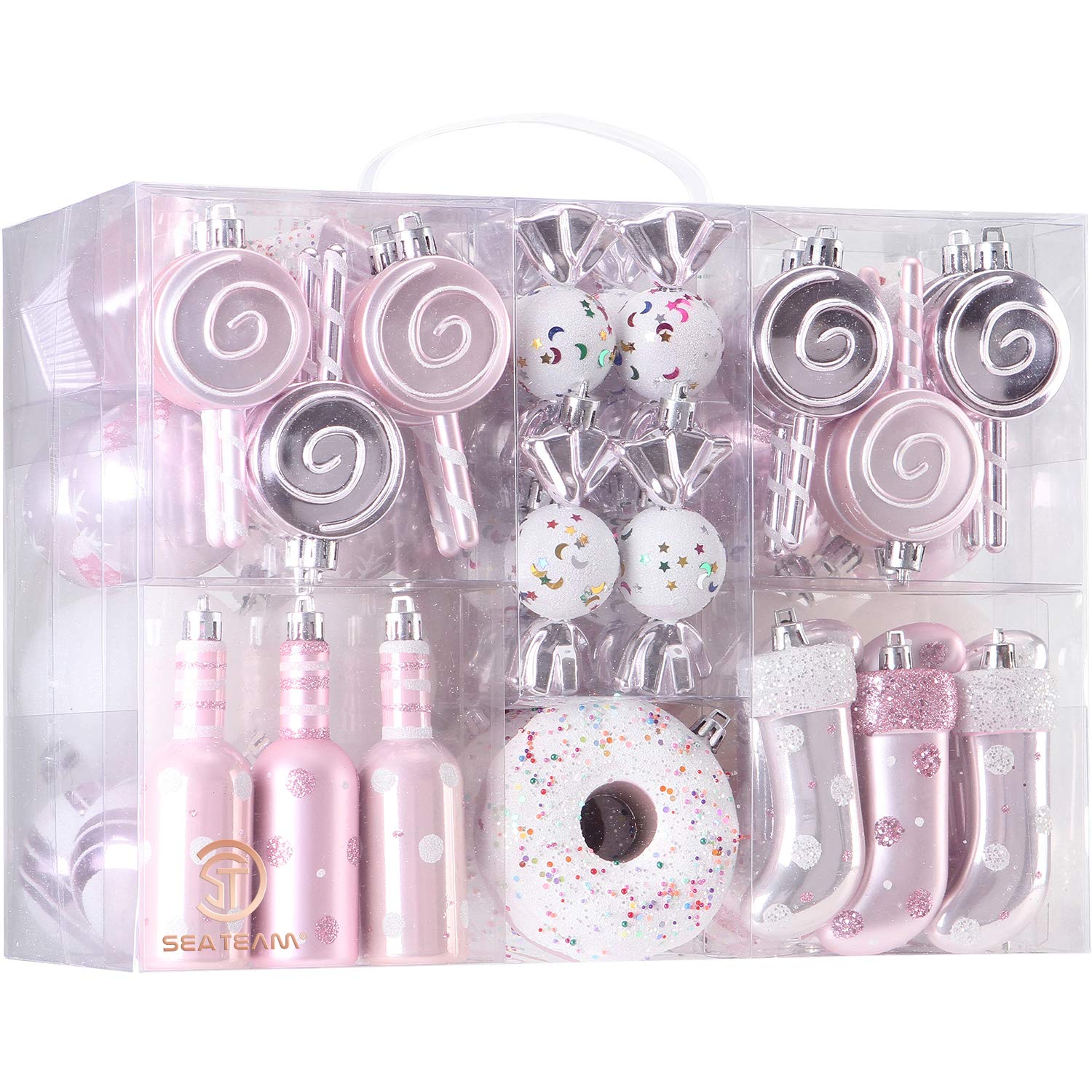Sea Team 80-Pack Assorted Shatterproof Christmas Ball Ornaments Set Decorative Baubles Pendants with Reusable Hand-held Gift Package for Xmas Tree (Pink)