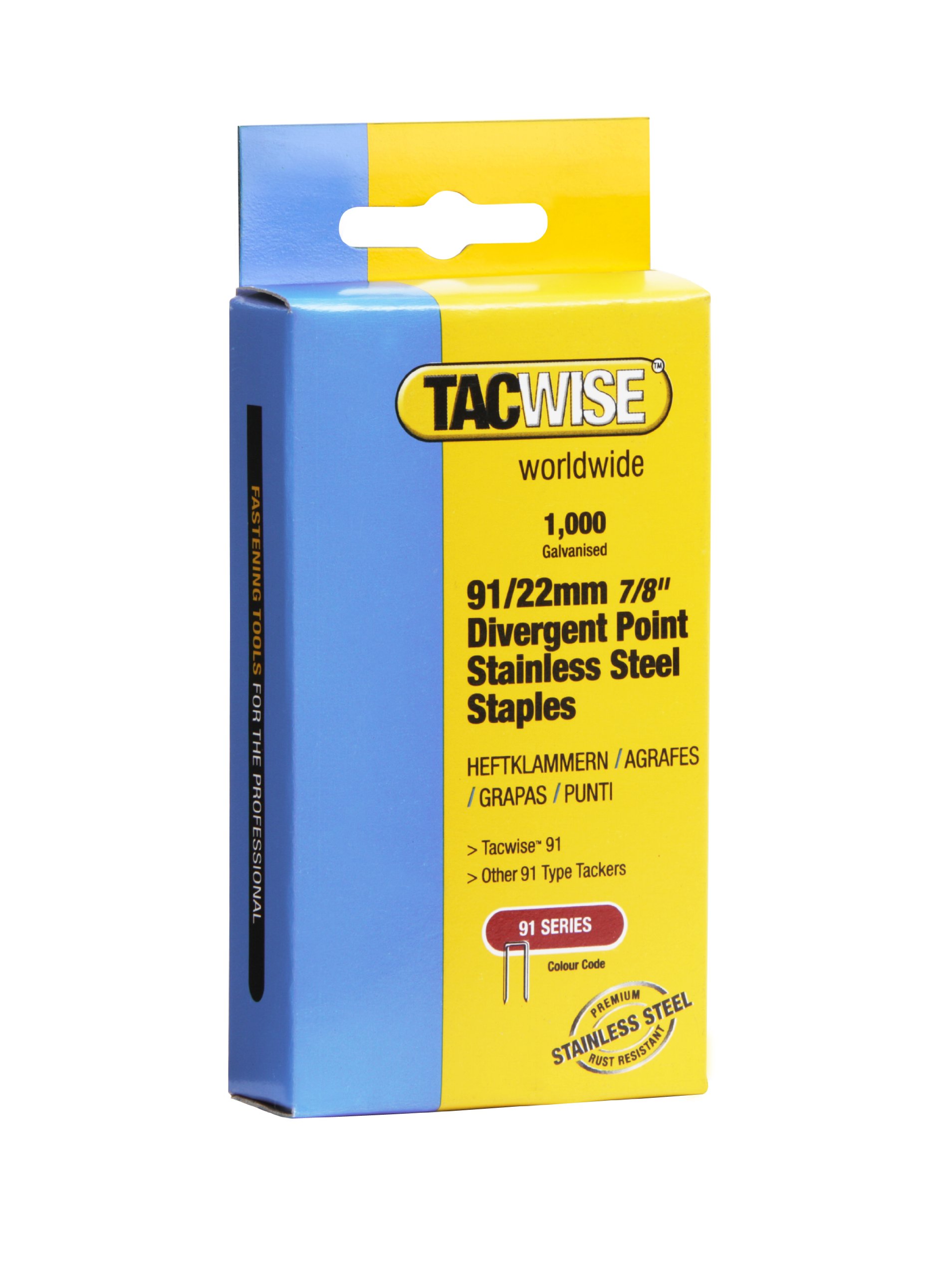 Tacwise 1070 Type 91 / 22 mm Stainless Steel Narrow Crown Staples, Divergent Point, Pack of 1000