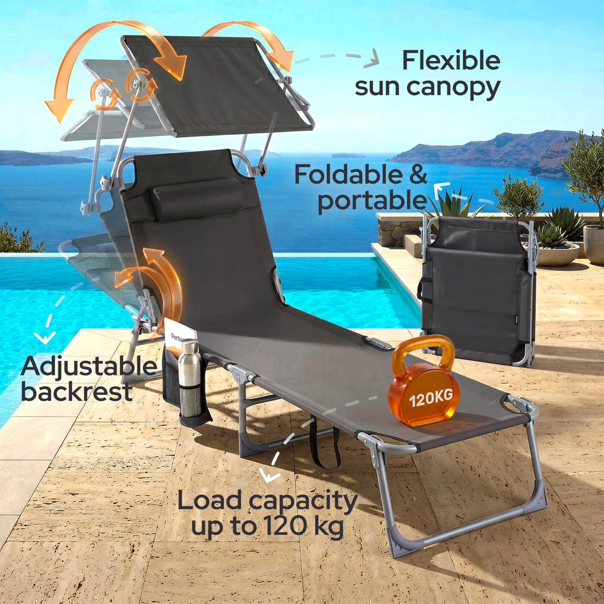 Arebos Sonnenliege & Liegestuhl klappbar mit Sonnendach | Gartenliege, Campingliege & Strandliege | Kopfkissen & Seitentasche | 4-Fach verstellbar | Relaxliege faltbar | bis 120 kg | Anthrazit 2