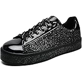 UUBARIS Women's Glitter Tennis Sneakers Neon Dressy Sparkly Sneakers Rhinestone Bling Wedding Bridal Shoes Shiny Sequin Shoes
