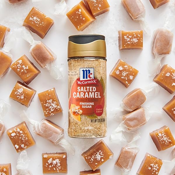 MCCORMICK FINISHING SUGAR, SALTED CARAMEL, RICH, CREAMY CARAMEL WITH A TOUCH OF SALT, ADD TO WARM BEVERAGES, SPRINKLE ON TREATS & SNACKS, NO COLORS FROM ARTIFICIAL SOURCES, 3.81 OZ