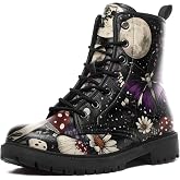 coolcustomize Womens Mushroom Floral Combat Boots - Witchcore Forest Goth Boots Chuncky Heel Vegan Leather Fashion Lace-Up Black Ankle Booties