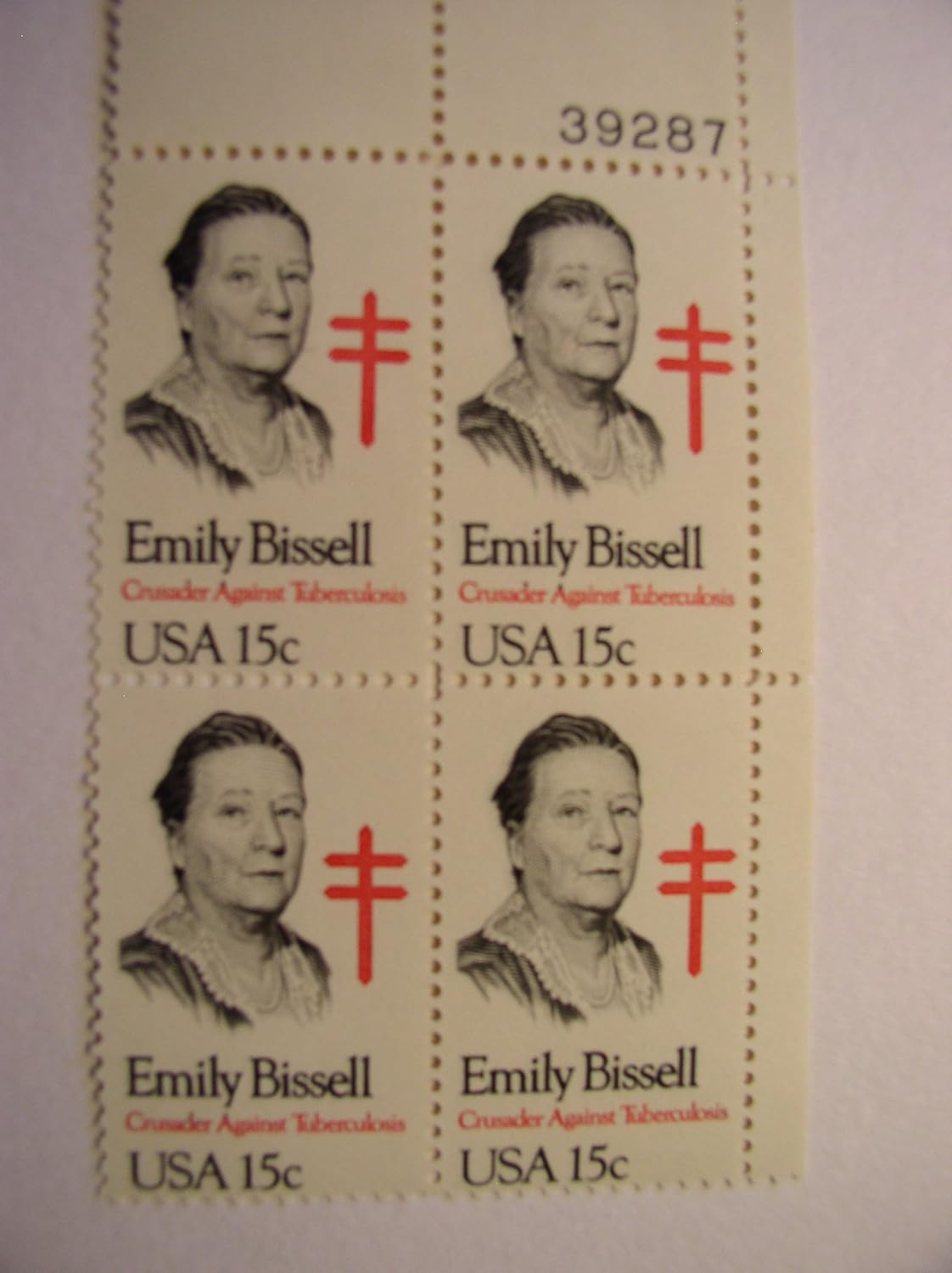 US Postage Stamps, 1980, Emily Bissell, S# 1823, Plate Block of 4 15 Cent Stamps, MNH