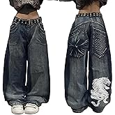 Unisex Y2K Hip Hop Street Jeans with Graphic/Tiger Print Gothic Baggy Jeans Vintage High Waist Denim Wide Leg Pants