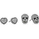 Betsey Johnson CZ Pave Heart & Skull Duo Set of Stud Earrings