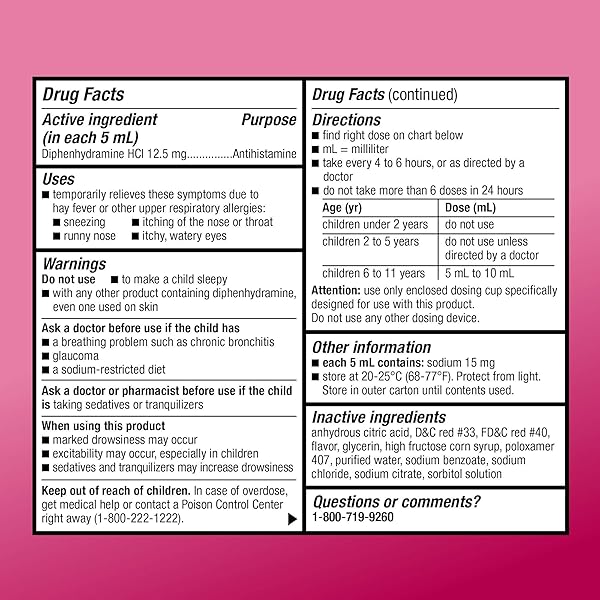 AMAZON BASIC CARE CHILDREN’S ALLERGY RELIEF ORAL SOLUTION, DIPHENHYDRAMINE HCL, CHERRY FLAVOR, 4 FL OZ (PACK OF 1)