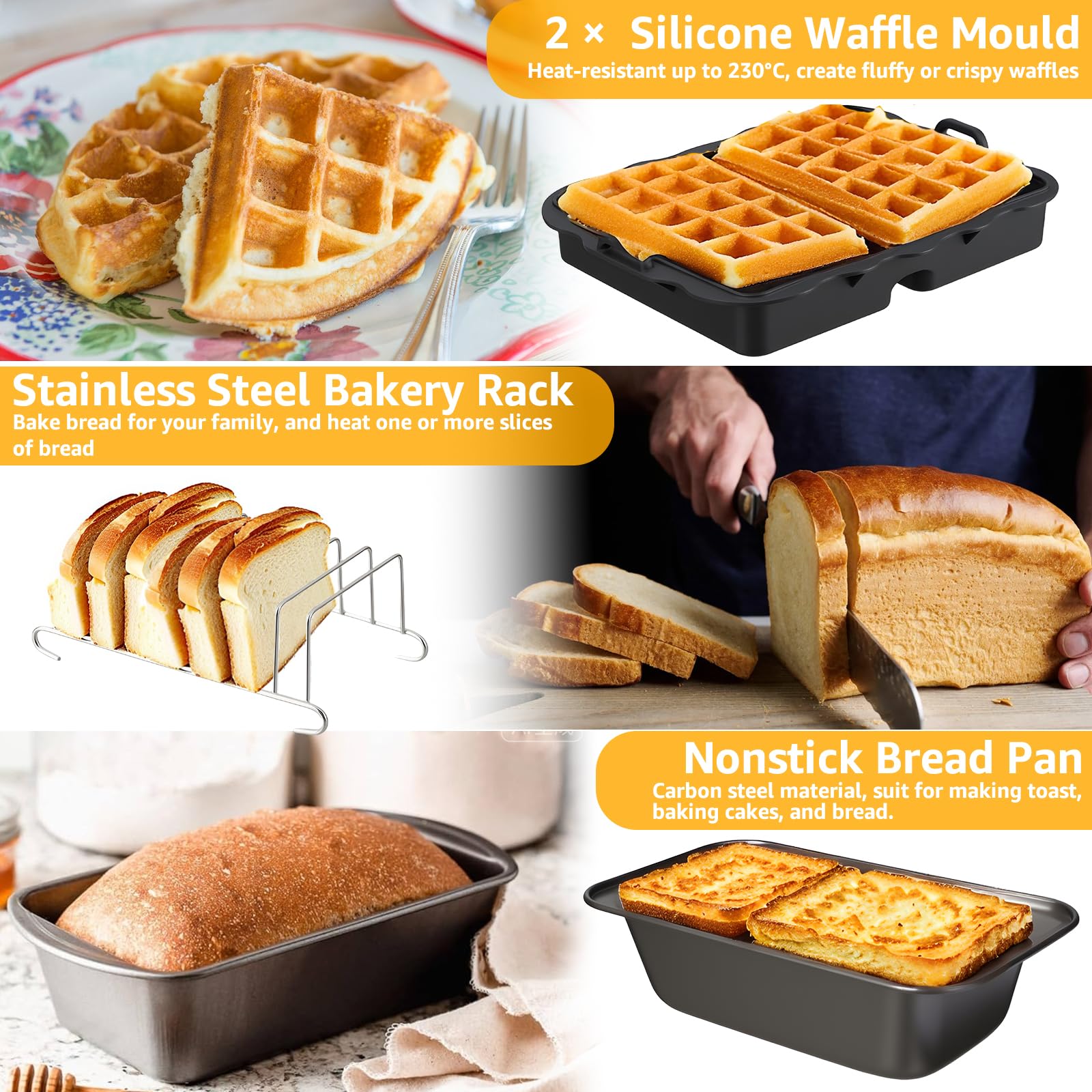 Ninja Heißluftfritteuse Zubehör, Airfryer Zubehör Set für Dual Zone Heißluftfritteuse Ninja AF400EU/AF451EU 9.5L, Airfryer Silikonform Zubehör Set, Waffelbackform, Grillrost, Kastenform 3