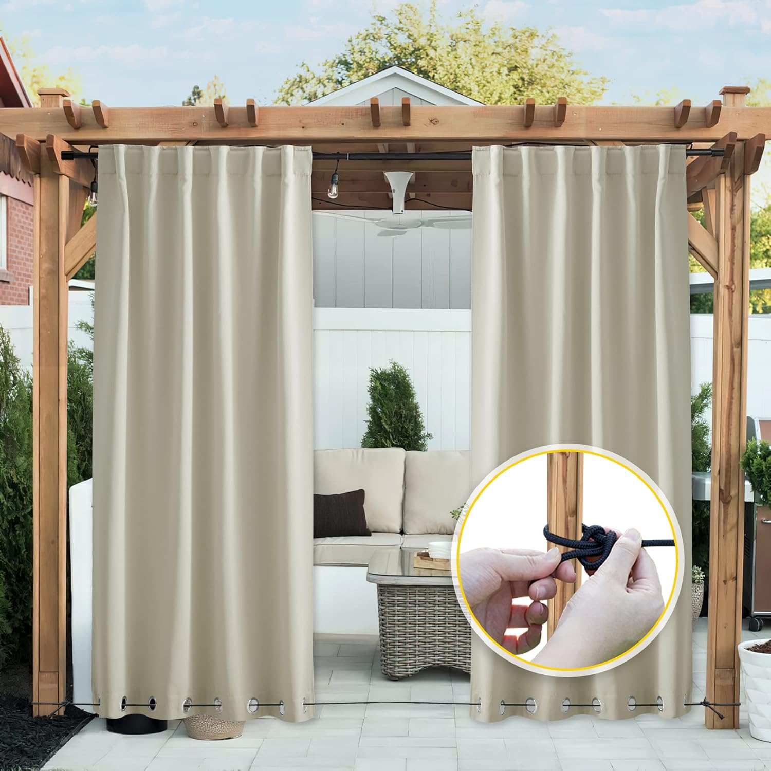 Outdoor Curtains - NICETOWN 2 Panels Weighted Blackout Curtains Patio Waterproof Outdoor Curtains, Thermal Insulated Top & Bottom Grommet & Back Tab Wind-Break Drapes Privacy for Pergola, W52 by L95, Light Beige