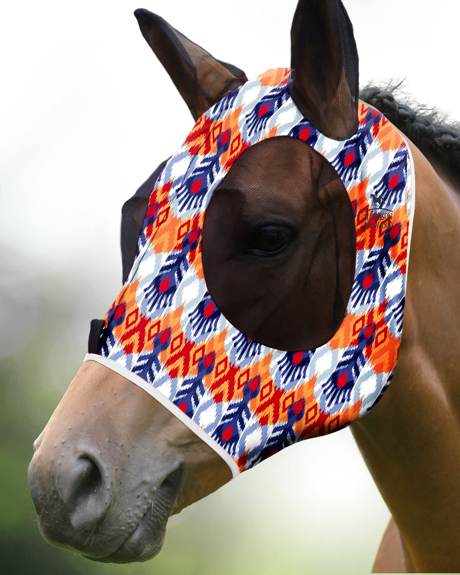 Harrison Howard Elasticity Horse Fly Mask Superb Comfort with UV Protection Standard Horse Fly Mask for Horse-Tribe Feather