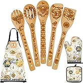 Bee Gifts for Women Mom,8pcs Kitchen Utensils Set - Unique Bamboo Wooden Cooking Spoons Set with Apron Oven Mitt Pot Holder,House Warming