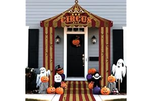 AORSOR 4 Pcs Carnival Circus Theme Party Decorations Horror Circus Tent Canopy Red and White Striped Hanging Banner Aisle Runners Supply for Halloween Party Decorations