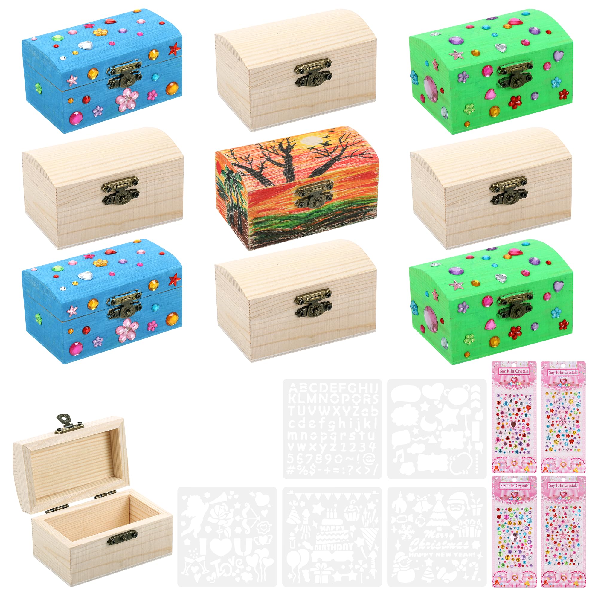 Fentar 10pcs Wooden Boxes for Craft, Treasure Chest Kids, Craft Box Creative Gifts for Girls, Small Wooden Box with Hinged Lid, Arts and Crafts for Kids Age 6 with Color Pens Decor Stickers