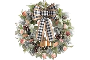 IDYLLIC 22" Green lamb's Leaves Wreaths for Front Door Winter Wreath with Pine Cones Shells Satin Bow Bells,Artificial Wreath for Indoor Outdoor Farmhouse Home Porch Wall Window Festival Wedding Decor